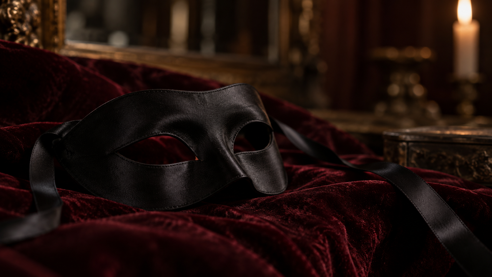 Schwarze Seidenmaske auf dunklem Bordeaux-Samt