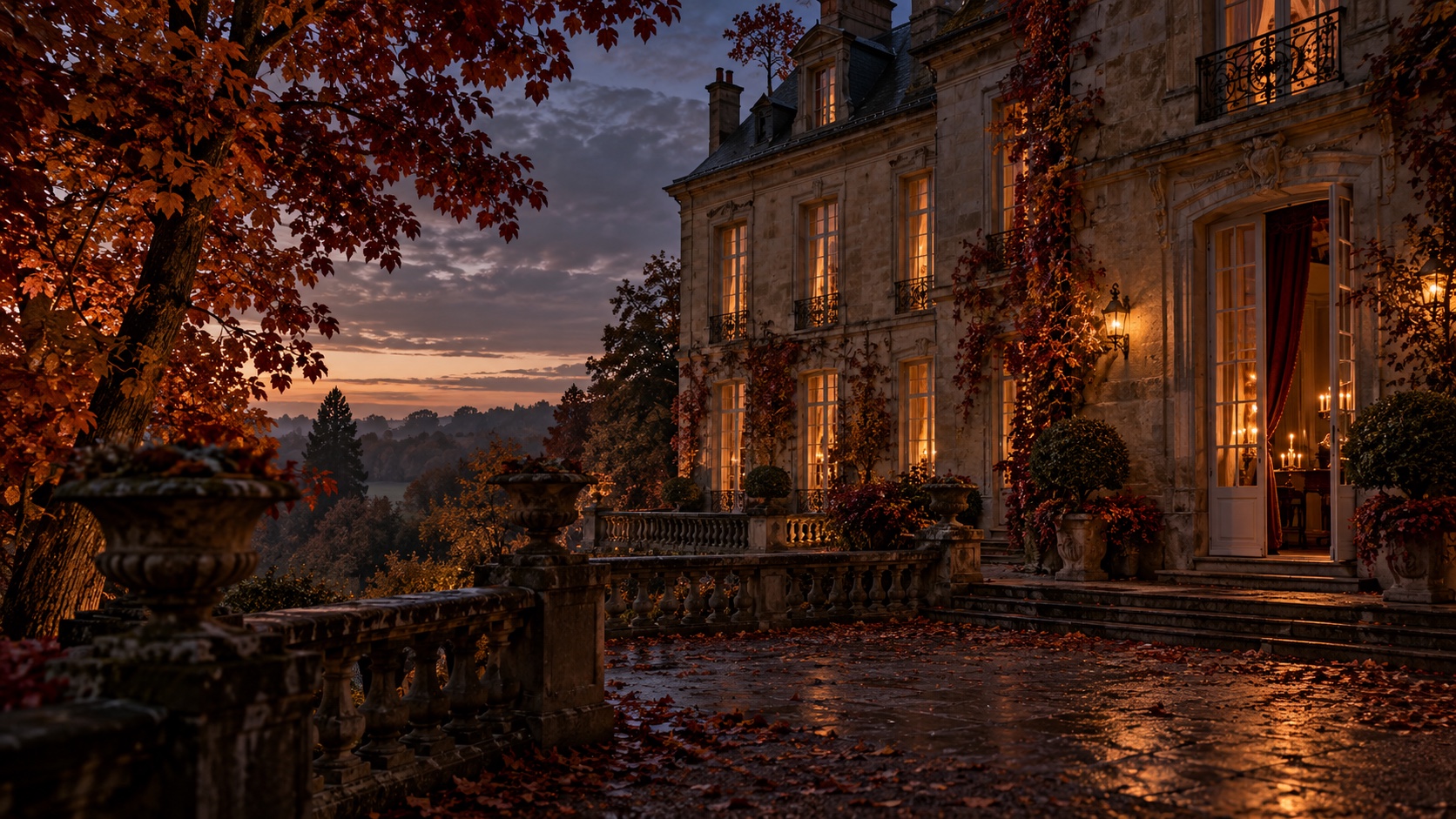 Ein französisches Château im goldenen Herbstlicht
