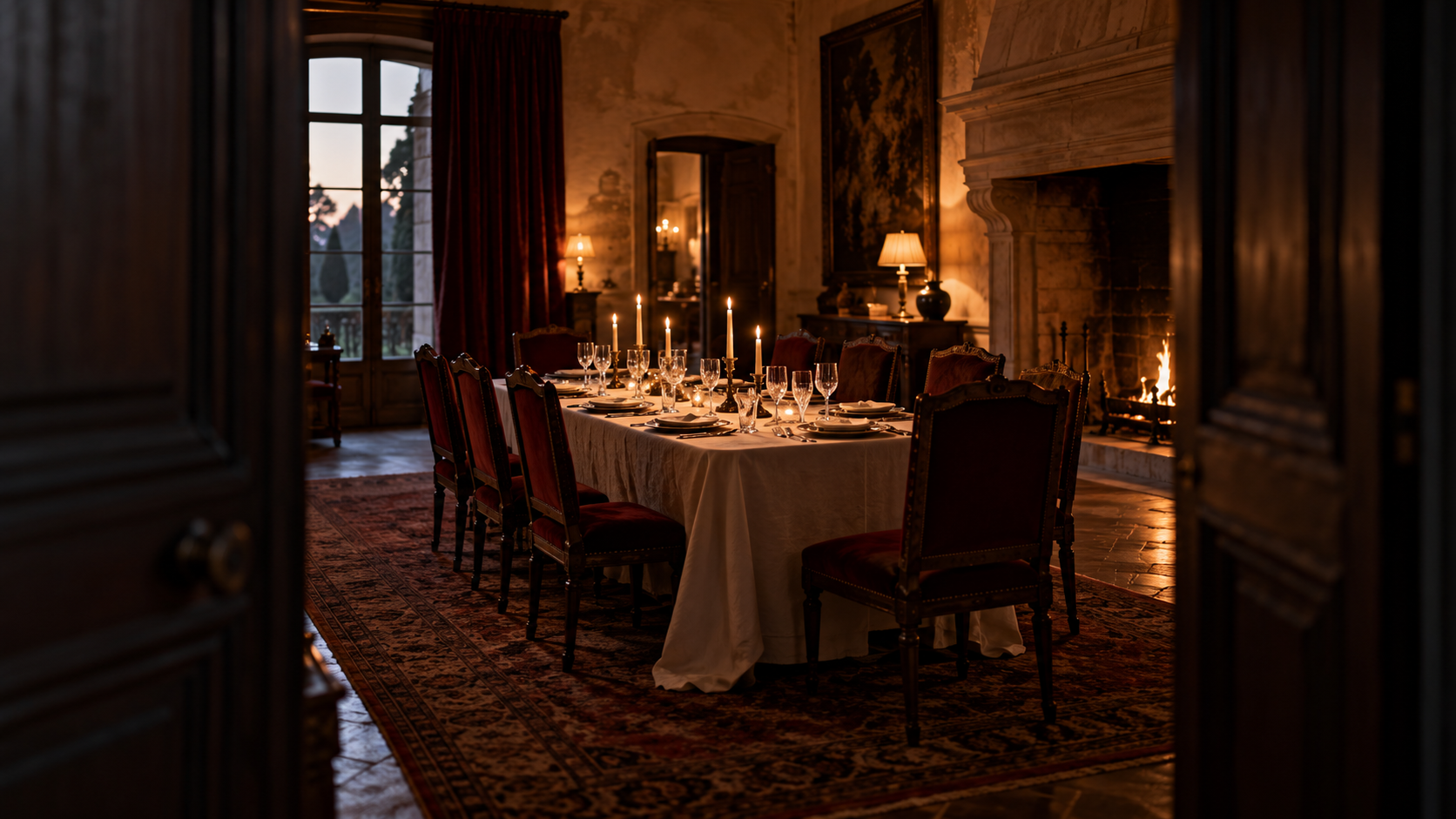 Salon mit gedeckter Tafel und Kerzenlicht