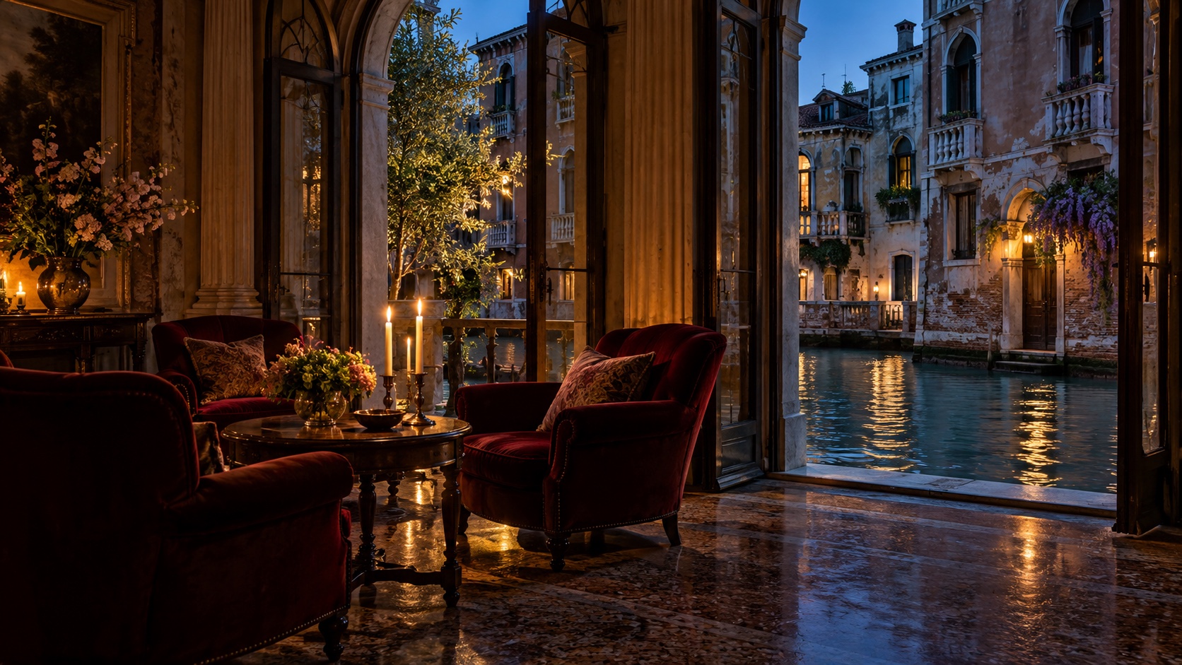 Venezianischer Salon mit Blick auf einen Kanal im Abendlicht